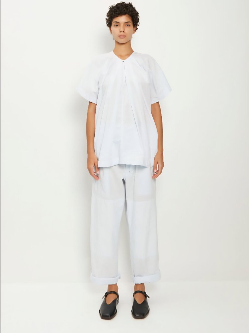 LEMAIRE Parachute Top Sky Blue 100% Cotton Gathered Short Sleeve EU 38 US M